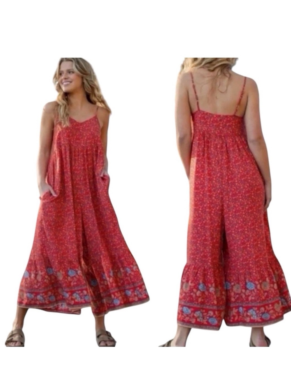 Natural Life Jumpsuit Women's XS Red Floral Wide Leg Cropped Pockets Boho Hippie